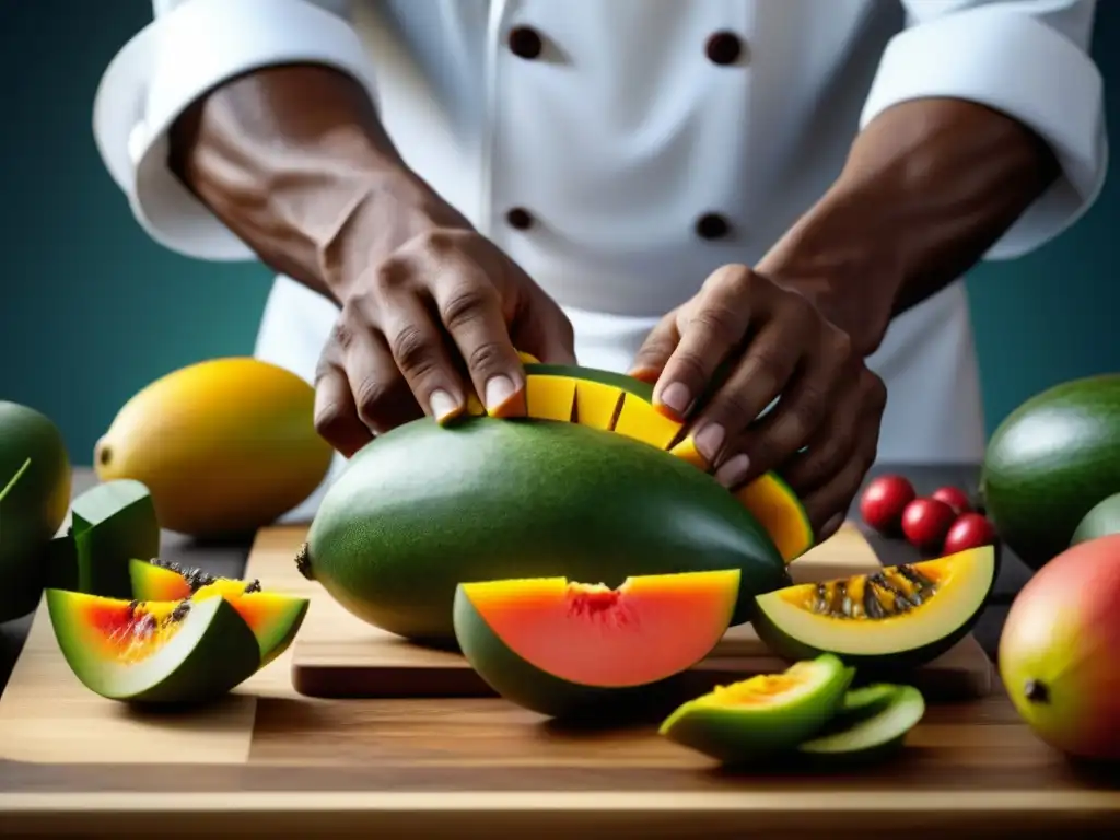 Un chef caribeño redefiniendo la cocina americana con destreza, cortando frutas tropicales vibrantes en una tabla de madera