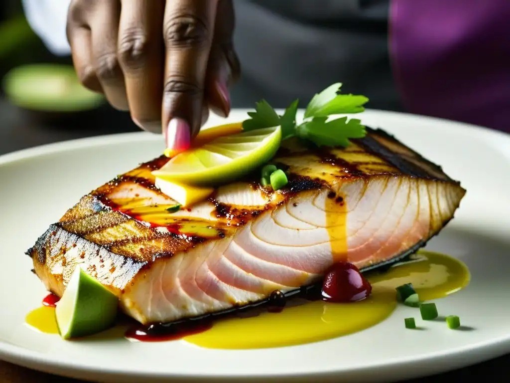 Un chef caribeño redefine la cocina americana al drizzlear una reducción vibrante sobre un filete de pargo rojo, destacando colores y sabores