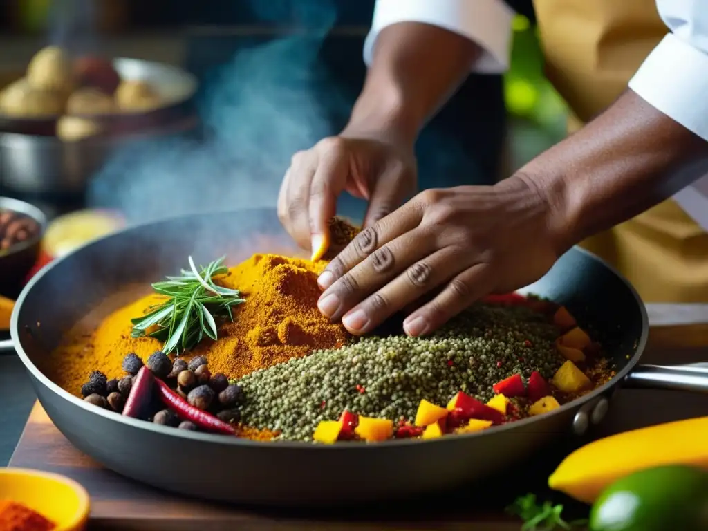 Un chef caribeño sazona con maestría un sartén de platos vibrantes, mostrando la riqueza culinaria de la región