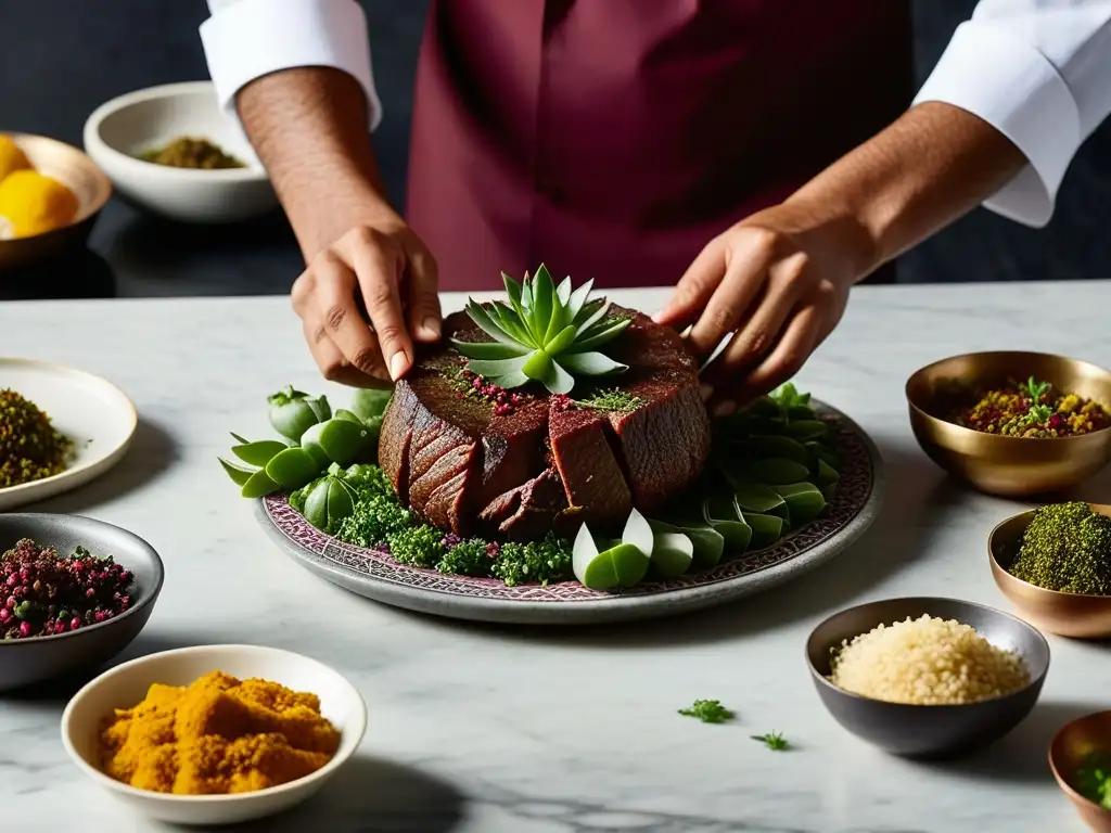 Un chef Mughal prepara carne de caza con especias en una cocina histórica