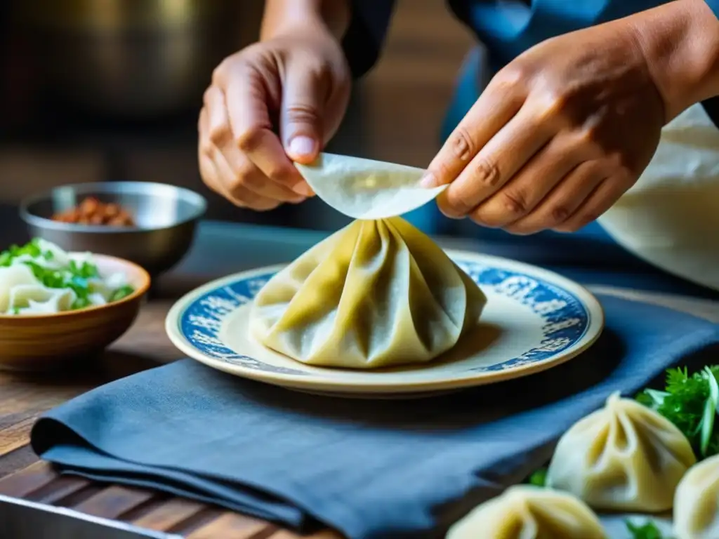 Un chef de Asia Central experto en métodos de cocción, crea dumplings en un bullicioso bazar de Uzbekistán