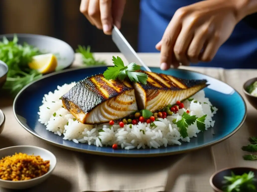 Un chef de Asia Central prepara un platillo tradicional de pescado a las finas hierbas y arroz, enriquecido por la historia de la Ruta de la Seda