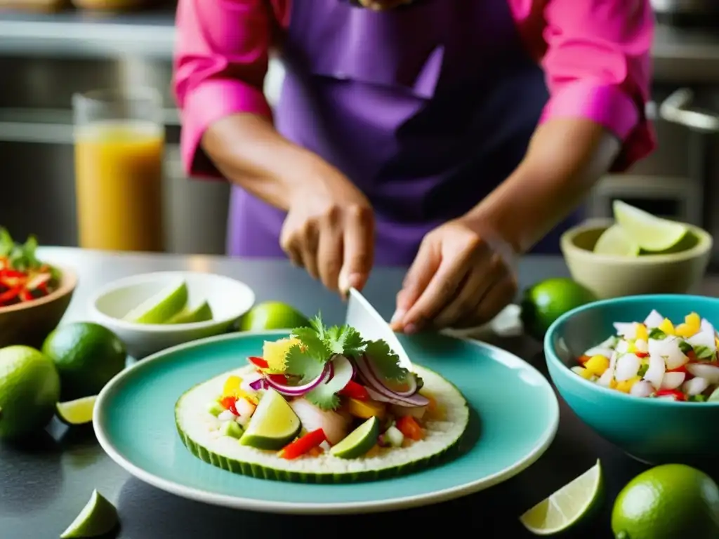 Un chef preparando ceviche peruano, encuéntrate con sabores vibrantes y tradición culinaria en Perú