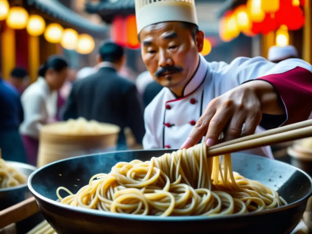 Un chef chino experto tira fideos en un mercado callejero de Xi'an