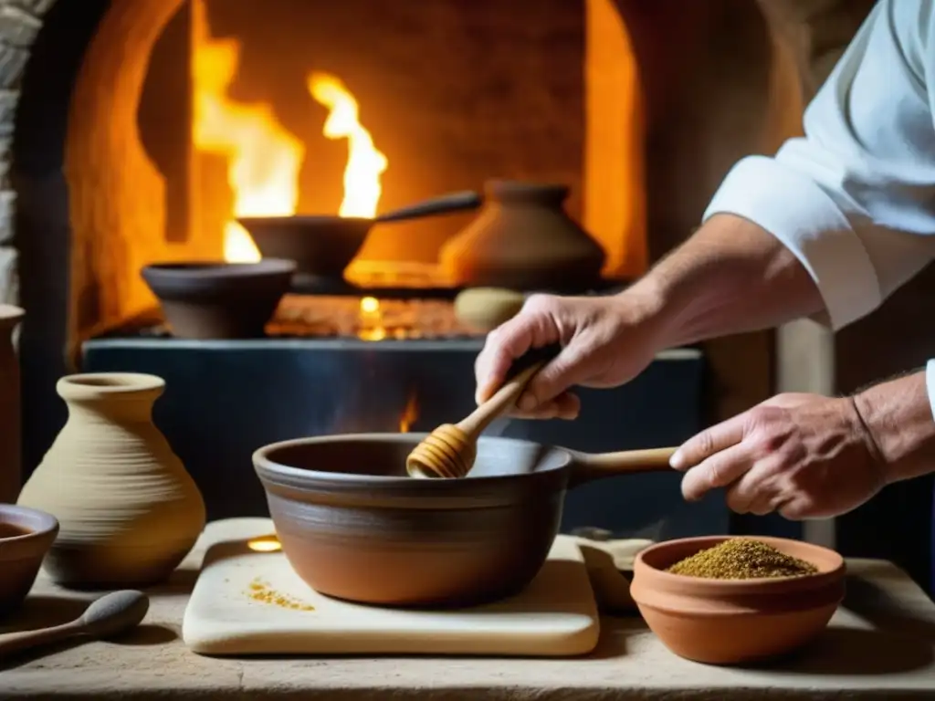 Un chef hábil en una cocina bizantina prepara recetas históricas con ingredientes auténticos