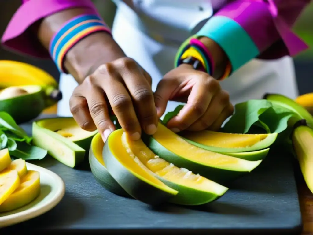 Chef contemporáneo cocina criolla recetas: manos expertas cortan plátano maduro, textura vibrante y colores cálidos