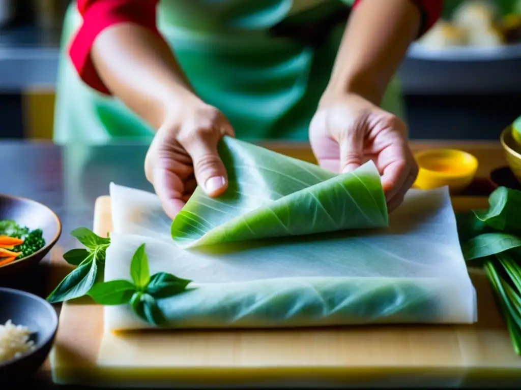 Un chef hábil en cocina fusión IndoChina recetas históricas crea un rollito vietnamita tradicional con precisión y arte