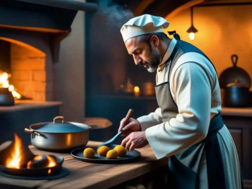 Chef en cocina medieval preparando recetas históricas sobre llama abierta