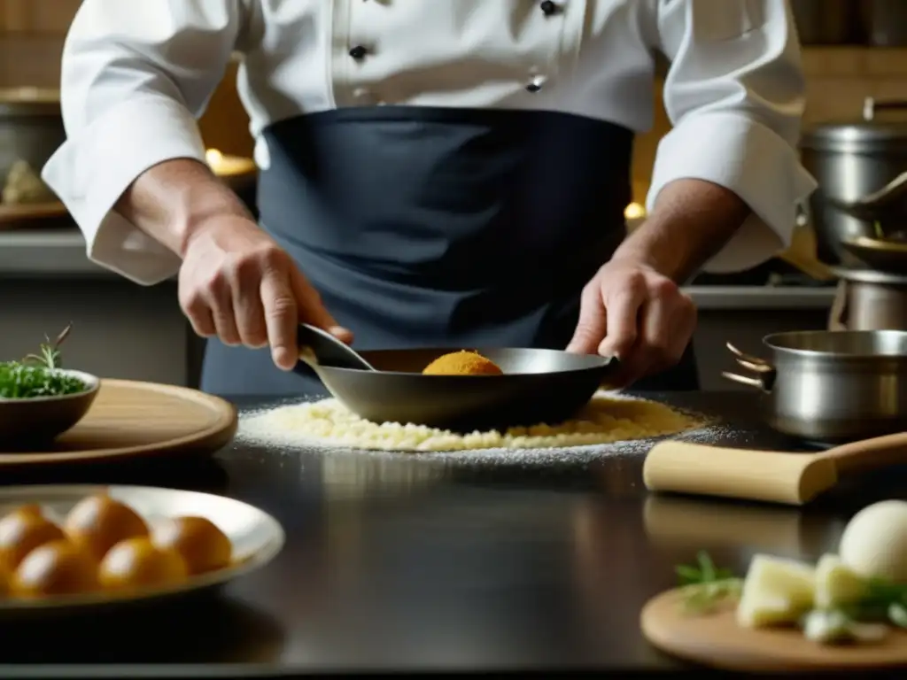 Un chef en una cocina tradicional de Copenhague preparando una receta histórica con utensilios antiguos