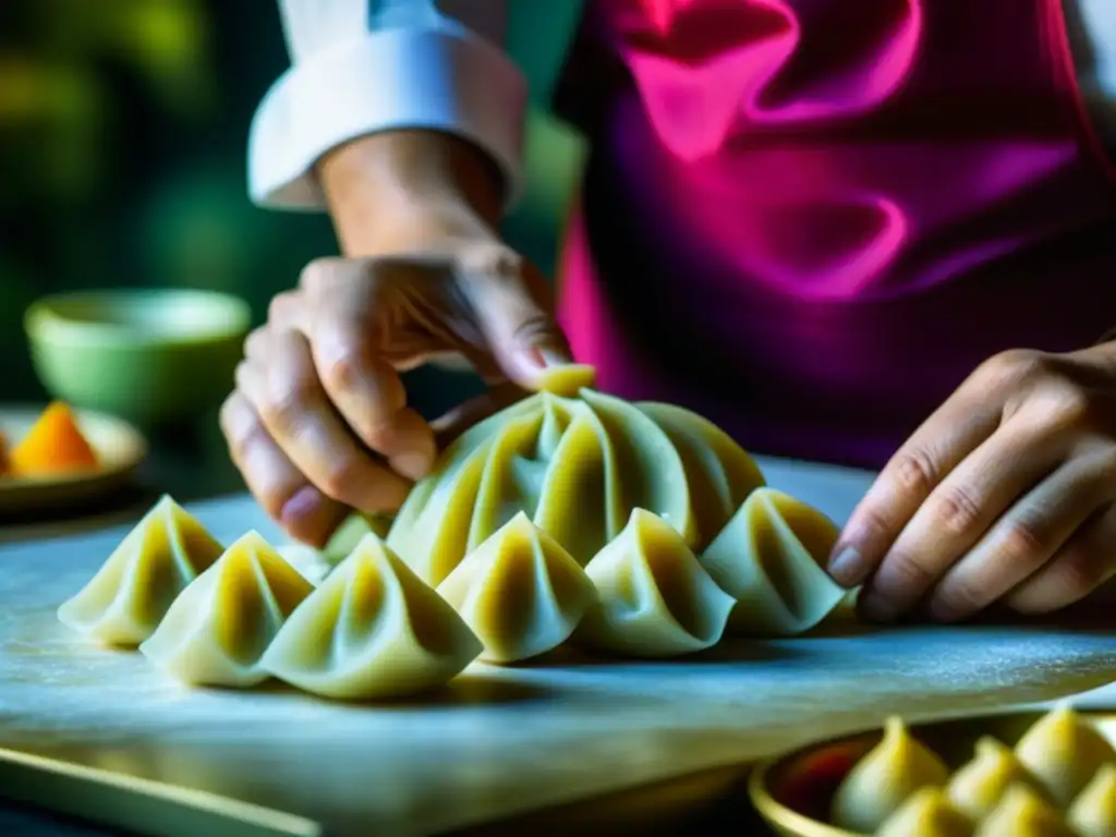 Chef elaborando coloridos dumplings, fusionando influencias culinarias en la Ruta de la Seda