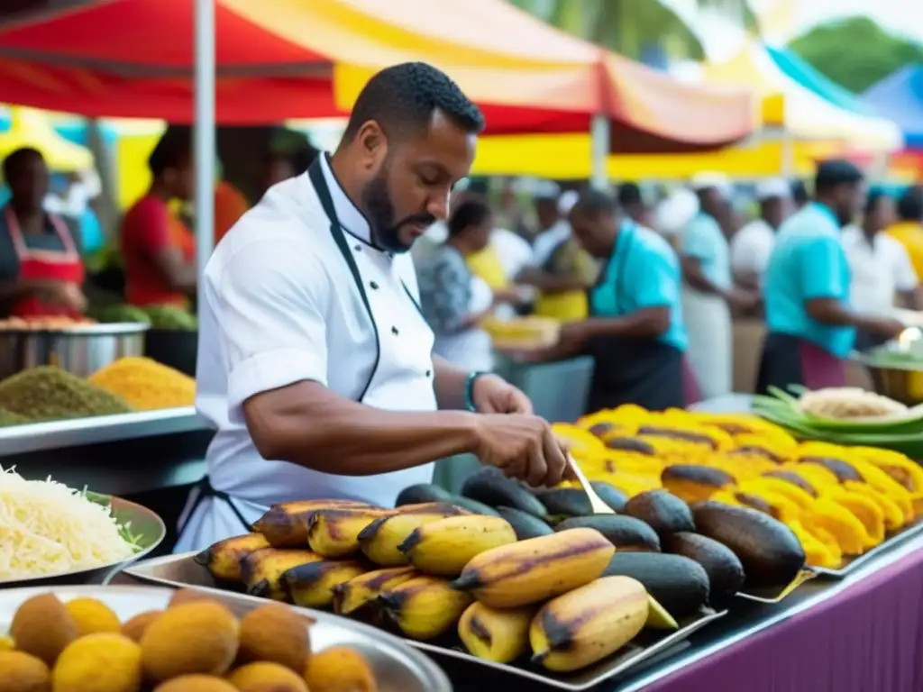 Un chef prepara comidas africanas en el Caribe en un bullicioso festival, con ingredientes coloridos y una multitud diversa disfrutando