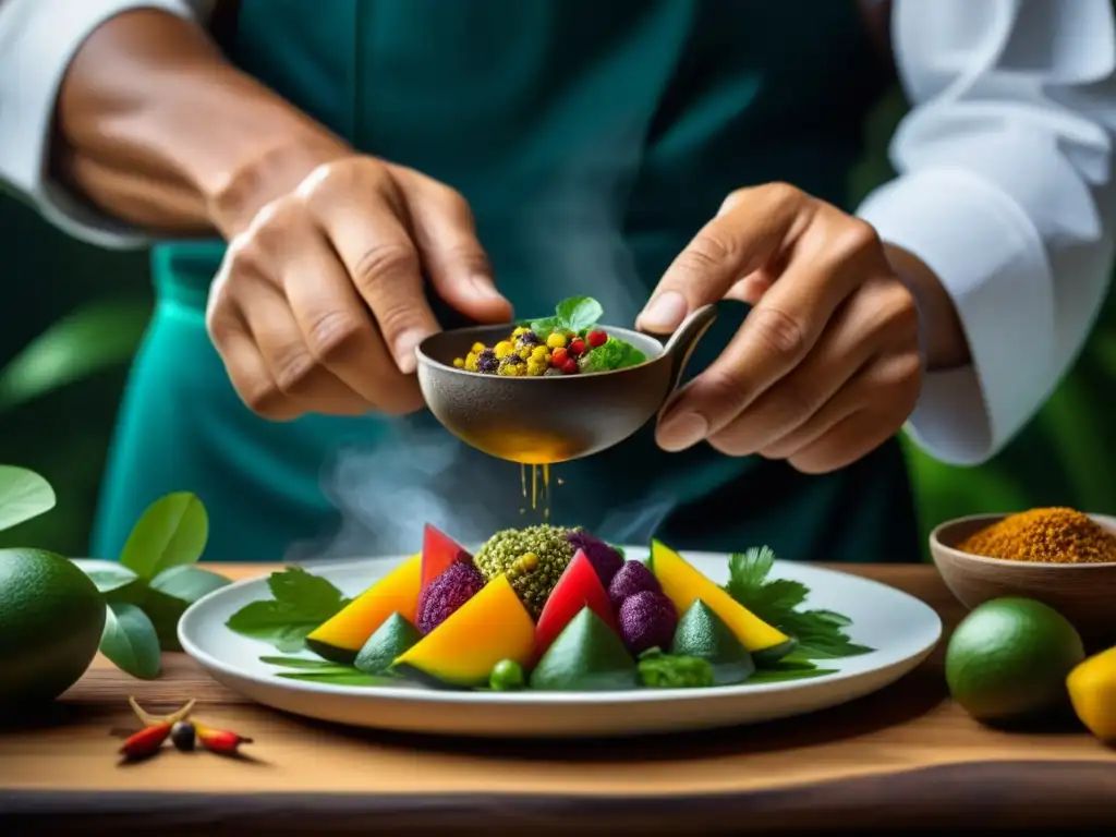 Chef preparando comidas tradicionales en evento amazónico con detalle y coloridas texturas