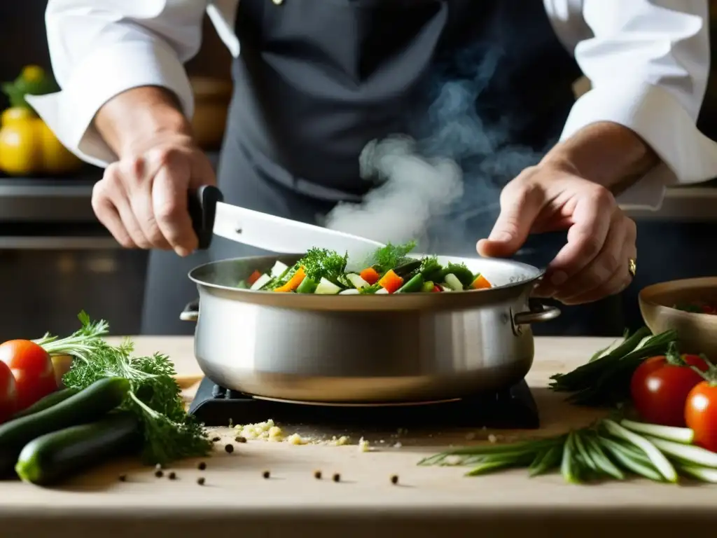 Un chef del Este de Europa comunista preparando con destreza un plato tradicional, mostrando innovaciones culinarias Europa Este comunista