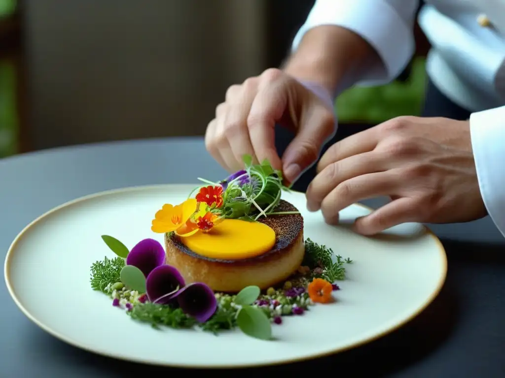 Chef contemporáneo plateando un plato Inca moderno, fusionando tradiciones culinarias con elegancia