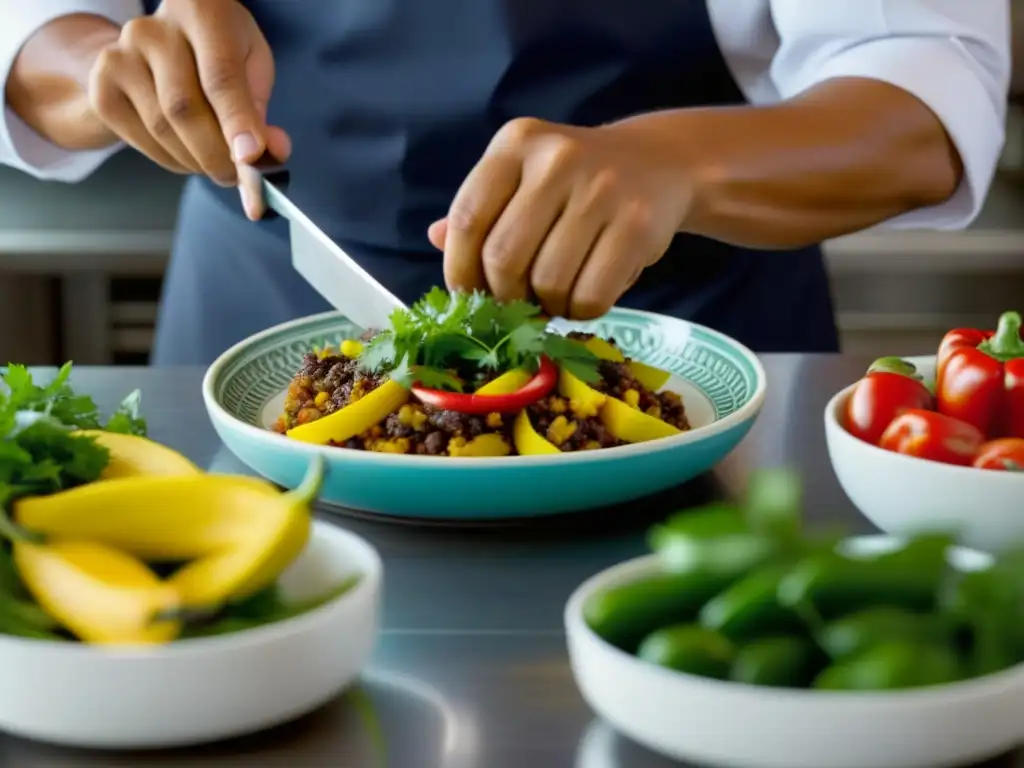 Un chef contemporáneo preparando una receta criolla con destreza, destacando ingredientes frescos y coloridos