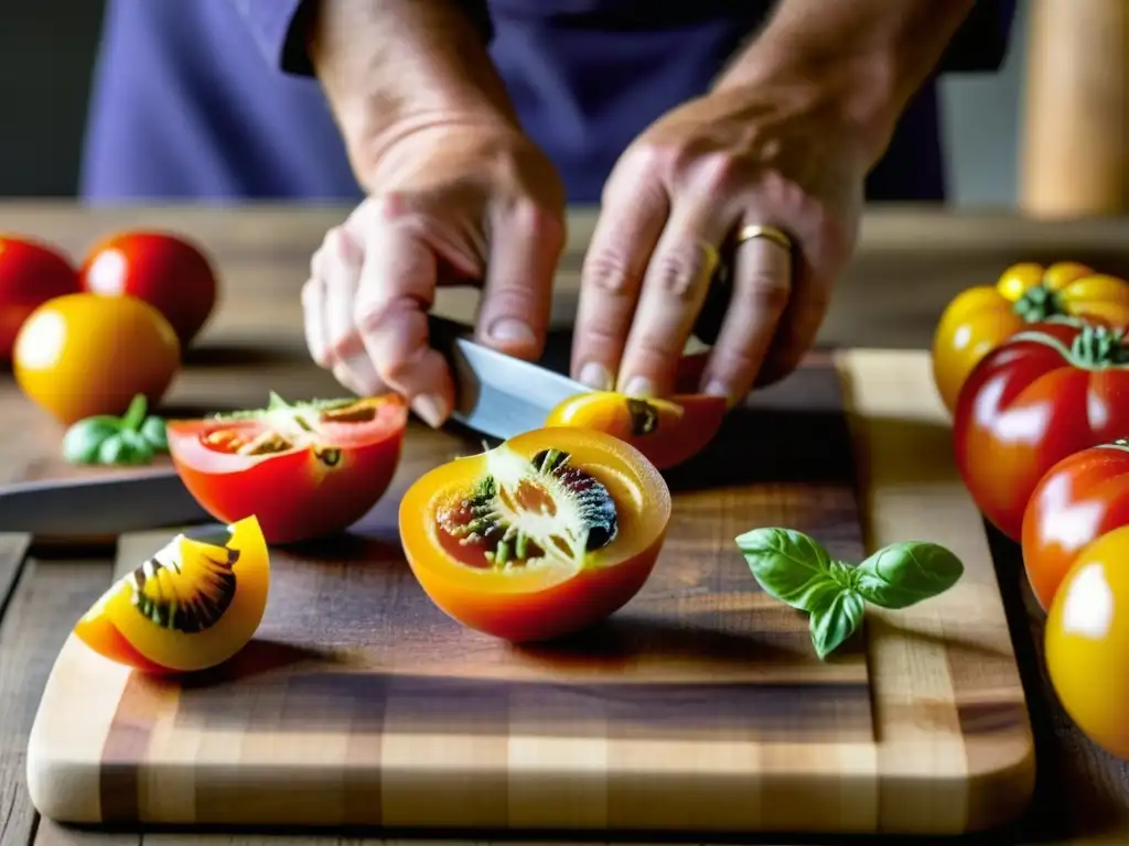 Un chef corta con destreza tomates variados en una tabla de madera, evocando la cocina histórica