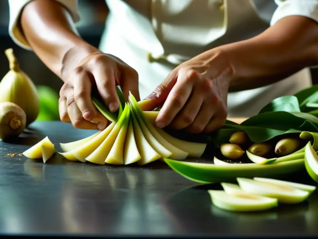 Maestría culinaria: Chef cortando galanga fresca en cocina asiática Un chef corta raíz de galanga en cocina vibrante del sudeste asiático
