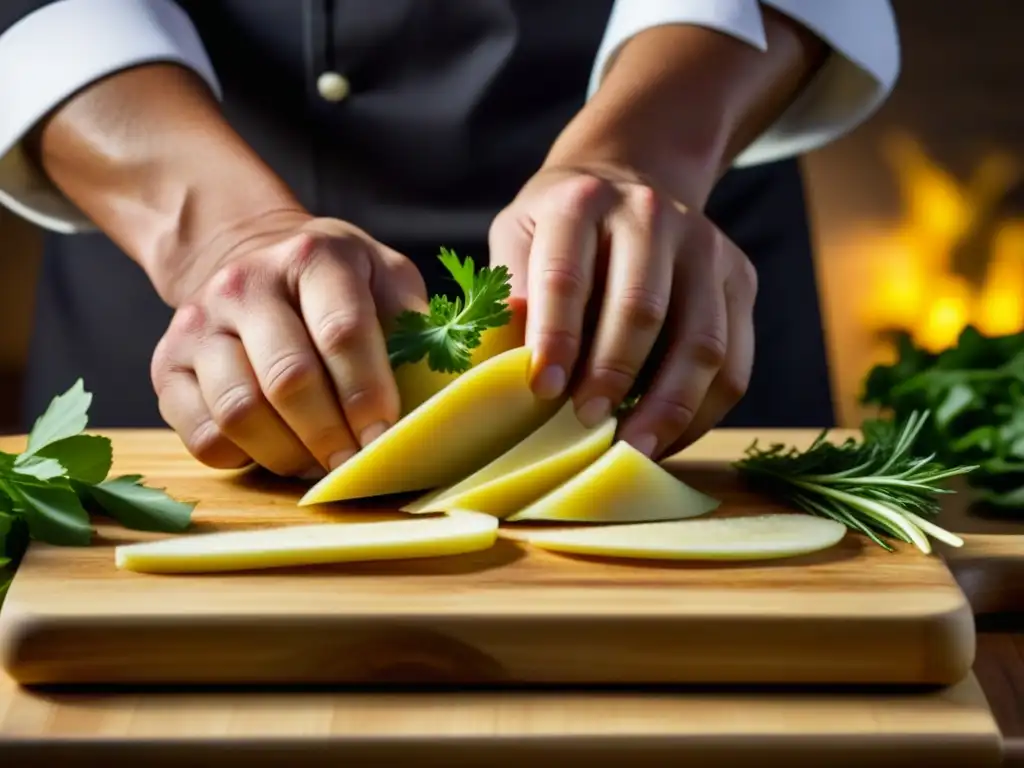 Chef experto cortando raíz de galanga fresca con precisión El chef corta galanga en una tabla de madera, fusionando recetas históricas con cocina contemporánea