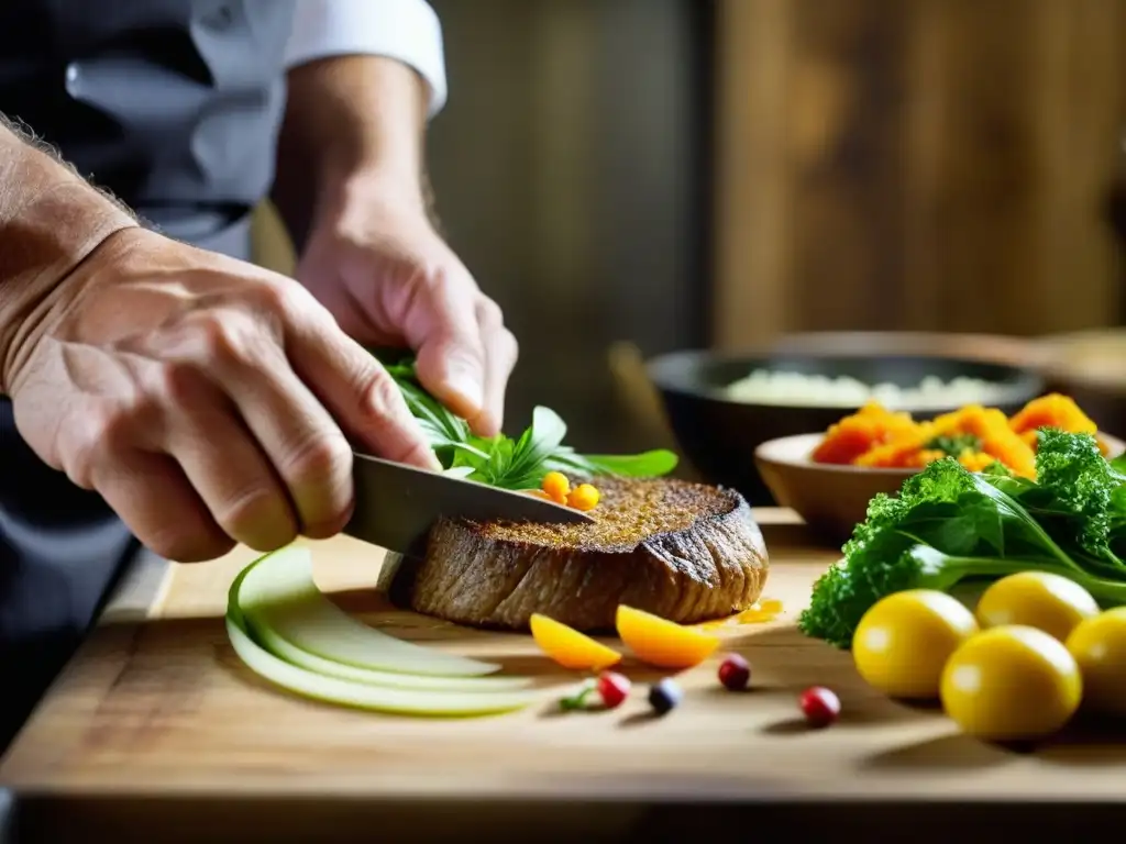 Un chef hábil corta ingredientes frescos en una cocina rústica, celebrando la historia culinaria