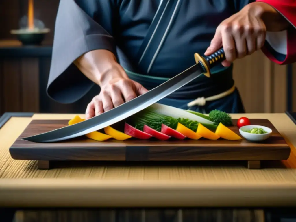 Un chef samurái corta ingredientes con katana, mostrando arte y precisión en recetas históricas cultura samurai Japón