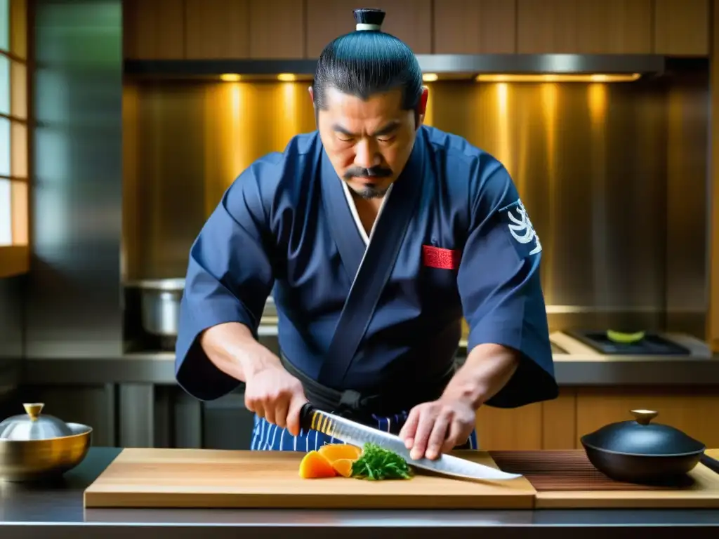 Un chef samurái corta ingredientes con katana en cocina moderna