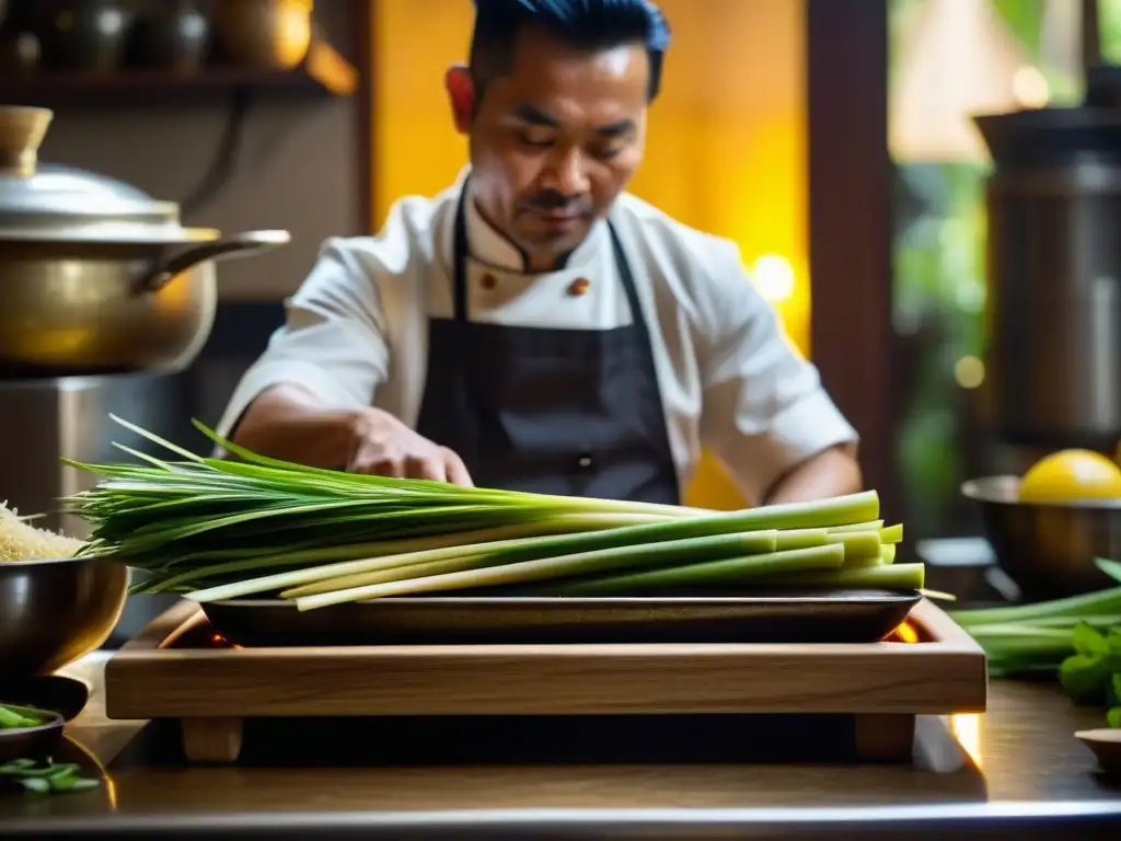 Un chef corta limoncillo en una animada cocina IndoChina