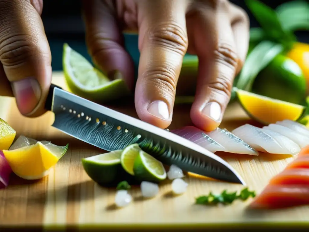 Un chef corta con precisión pescado sashimi para un ceviche nikkei