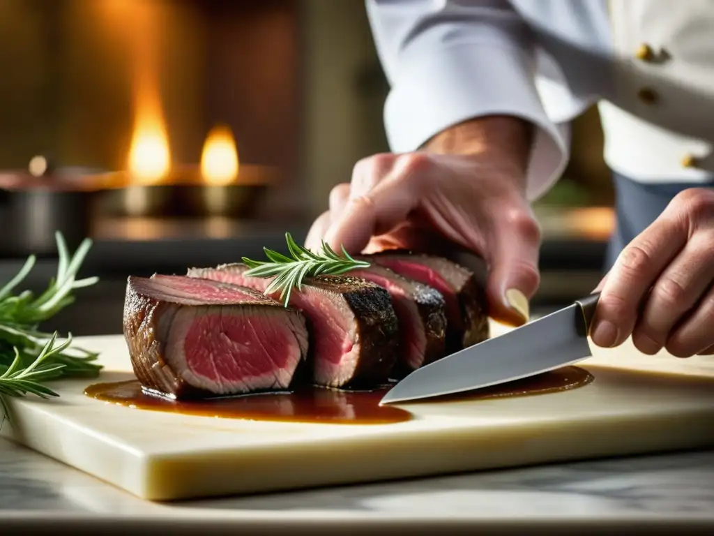 Un chef francés corta con precisión un filete, reflejando la influencia de las Guerras Napoleónicas en la cocina francesa