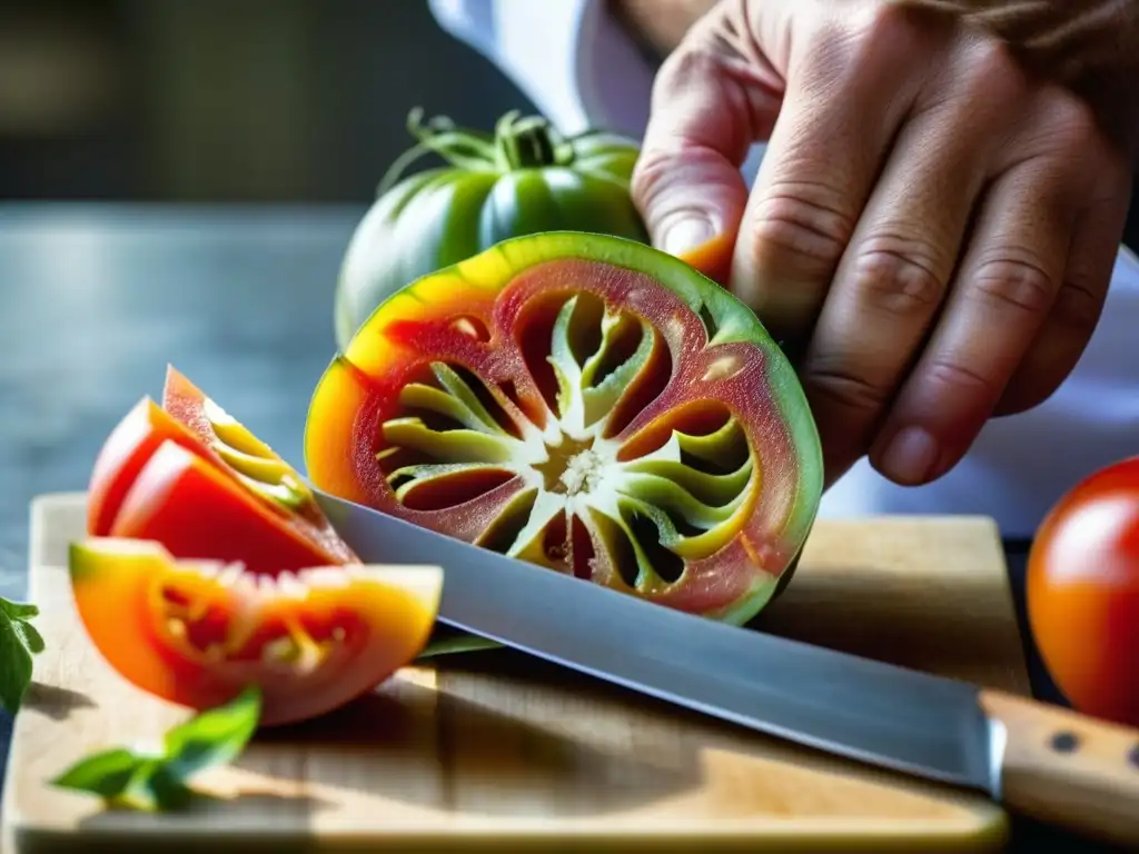 Un chef corta con precisión un tomate heirloom, resaltando su belleza y texturas