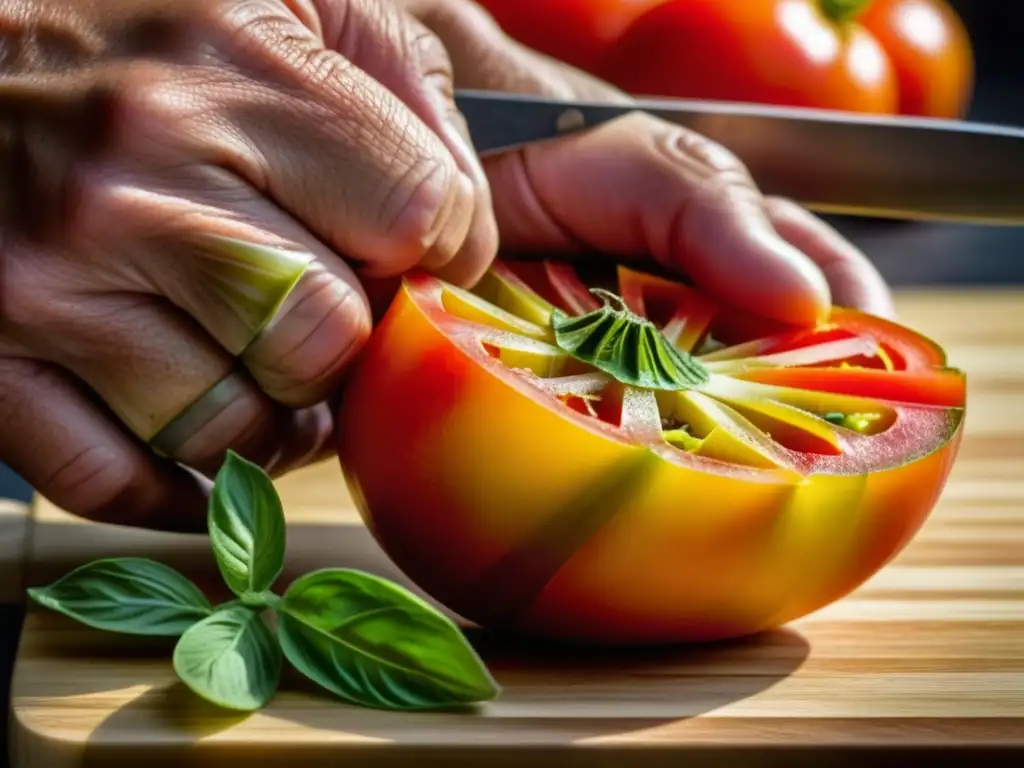 Un chef corta con precisión un tomate maduro sobre tabla de madera