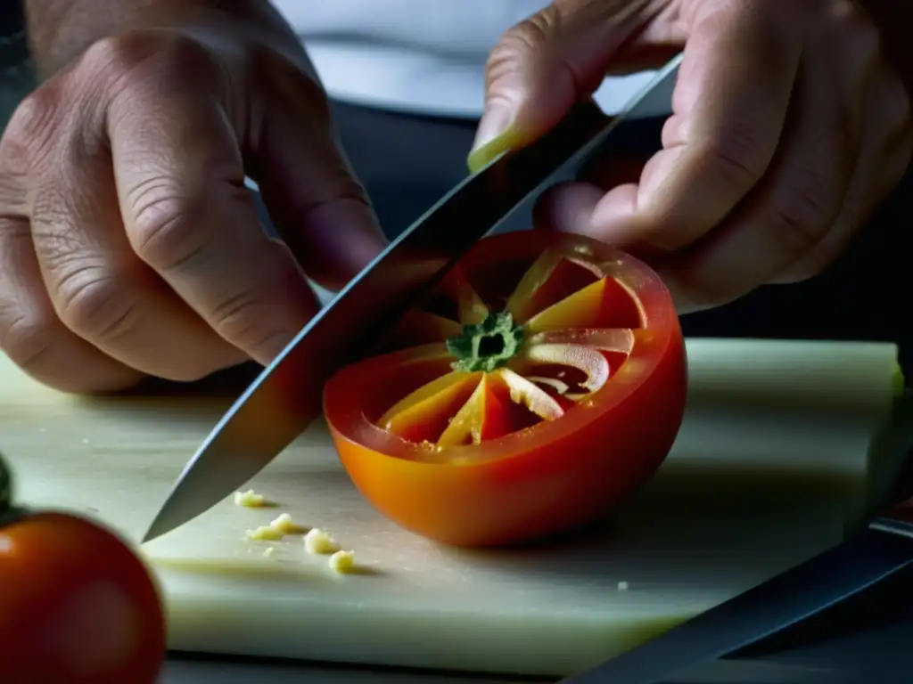 Un chef corta con precisión un tomate maduro, fusionando recetas históricas con tecnología moderna