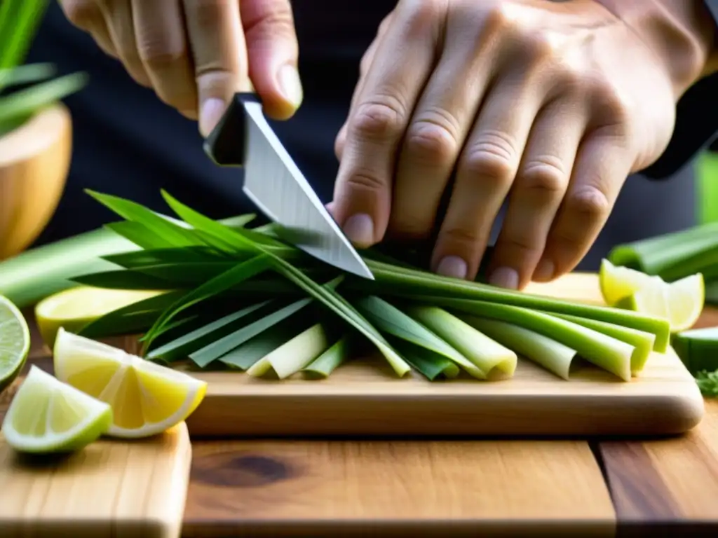 Un chef corta con precisión limón en tabla de madera, mostrando la esencia de la cocina asiática con Lemongrass