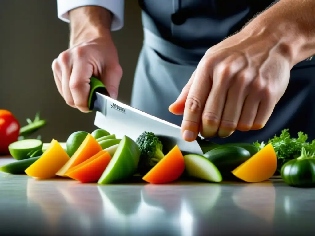 El chef corta con precisión verduras frescas con un cuchillo cerámico innovador, fusionando historia y modernidad en utensilios de cocina