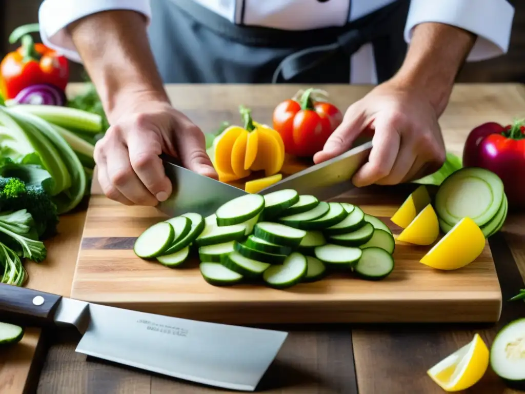 Un chef corta verduras en tabla de madera, mostrando habilidad y creatividad