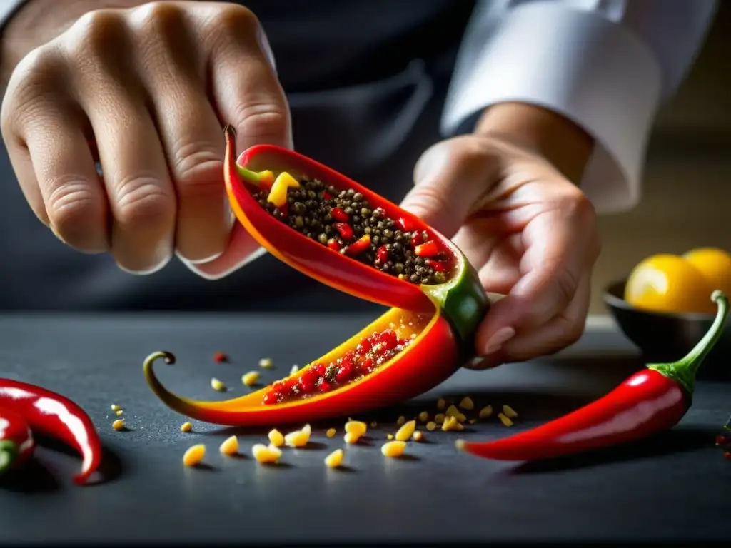 Un chef corta finamente un vibrante chile rojo para una salsa fusión IndoChina