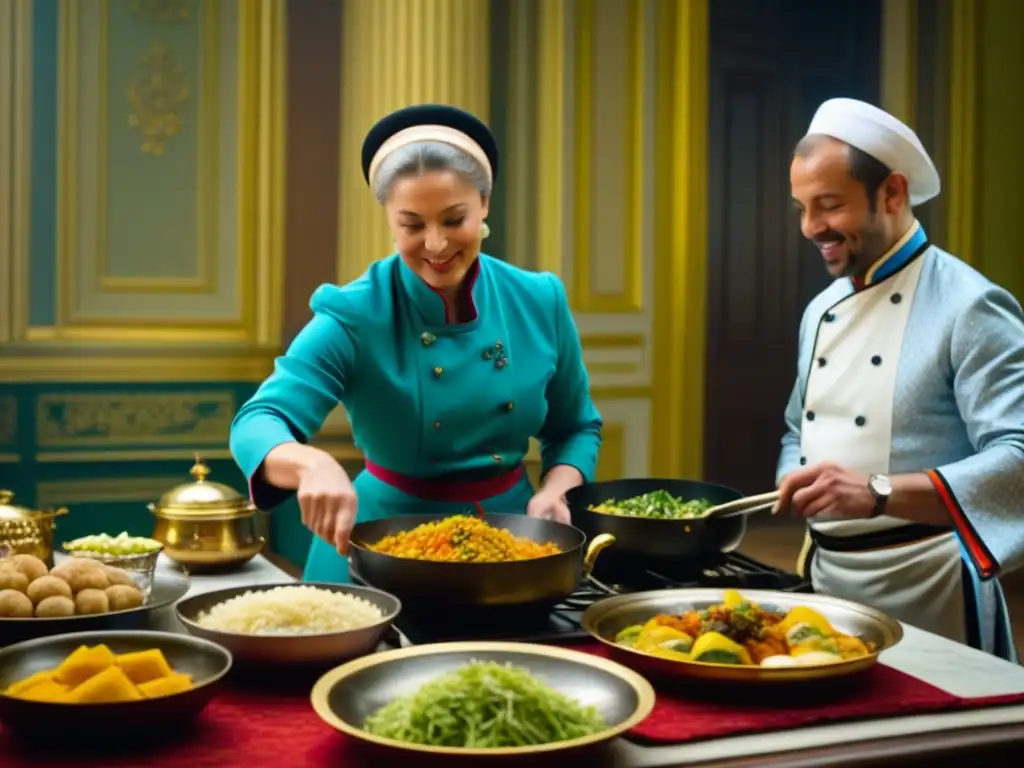 Chef de la corte real de Catalina la Grande en una cocina multicultural con extranjeros preparando una gran fiesta