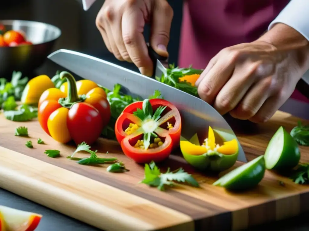 Un chef contemporáneo cocina con precisión criolla, cortando ingredientes frescos sobre tabla de madera