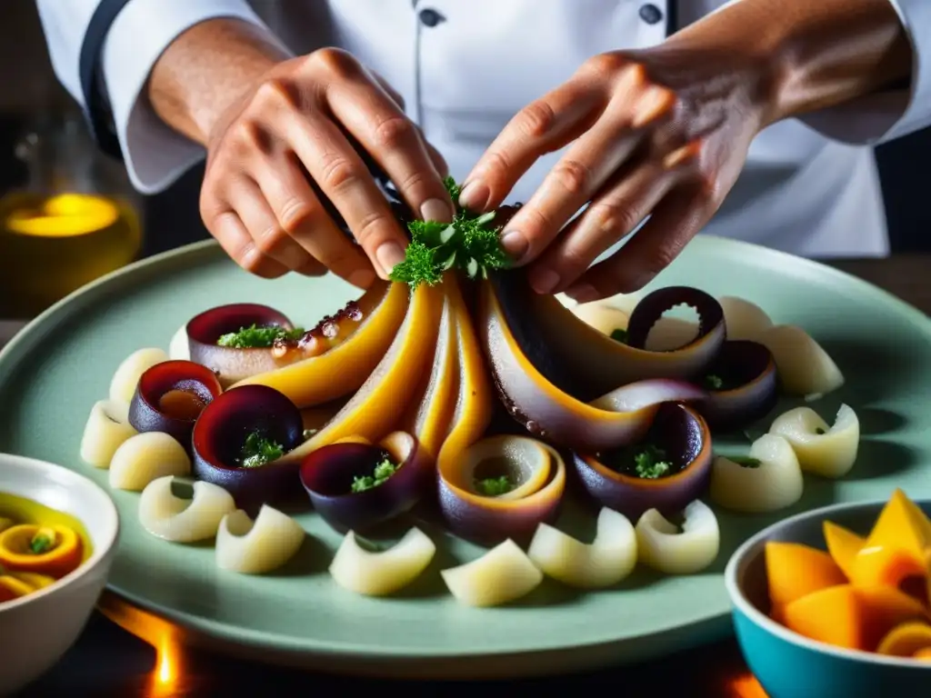 Un chef arregla con cuidado finas rodajas de pulpo sobre aceite de oliva con pimentón, destacando la preparación de Pulpo a la Gallega