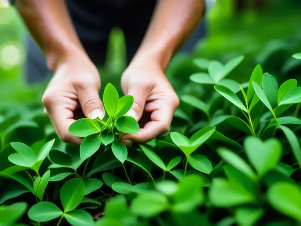 Un chef recolecta con cuidado hojas verdes de acedera en el bosque