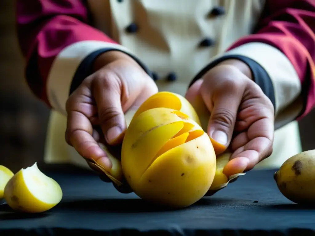 Un chef sostiene con cuidado una papa amarilla peruana, destacando su textura e intensos colores