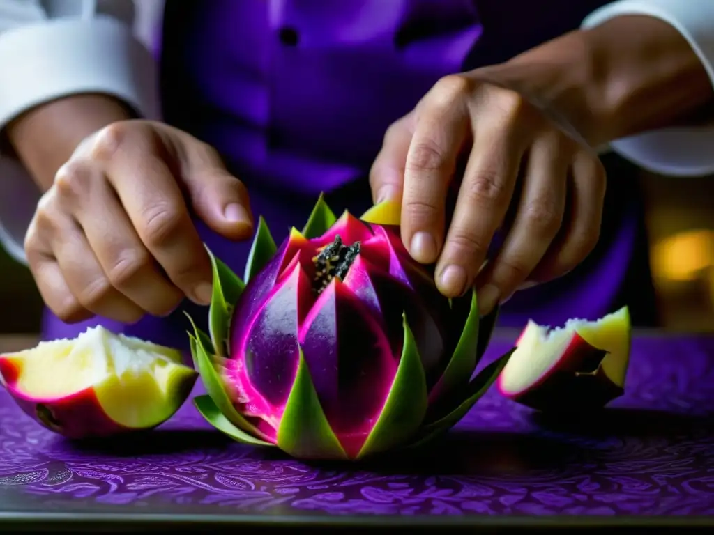 Un chef pelando con cuidado una vibrante pitahaya morada, redescubriendo ingredientes olvidados