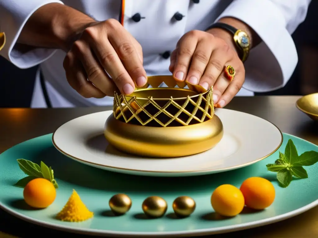 Chef realza plato real: historia y vanguardia Un chef coloca delicadamente una decoración dorada en un plato vanguardista inspirado en la influencia monarquía española cocina