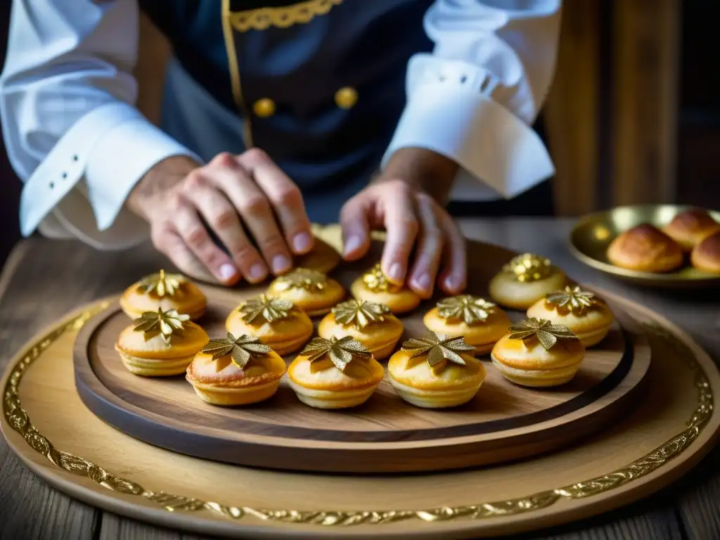 Chef colocando delicadas pastelerías medievales doradas en plato rústico de madera