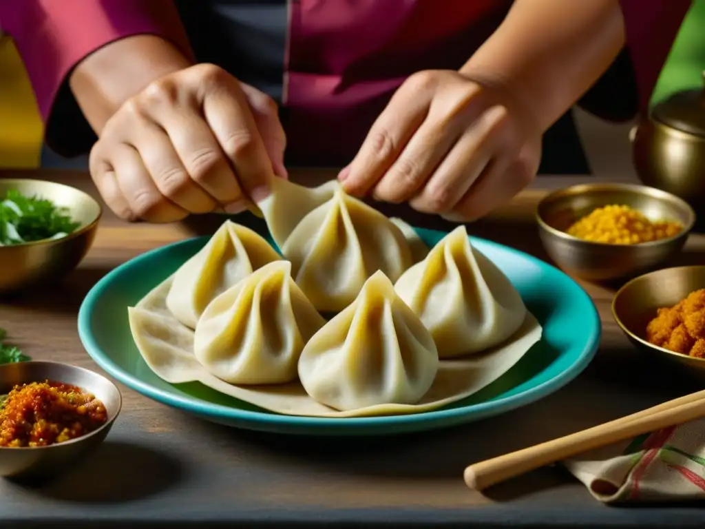 Un chef hábil dobla con delicadeza un dumpling tradicional MongolIndio, fusionando técnicas y sabores en un plato histórico