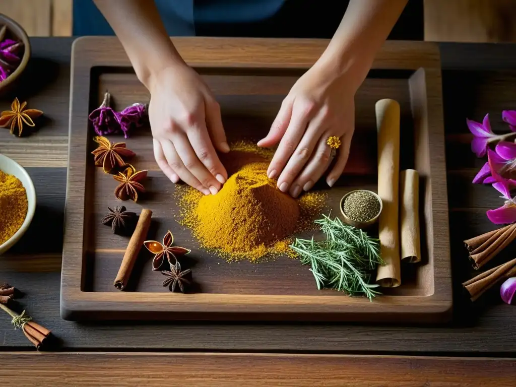 Un chef coloca con delicadeza especias antiguas en una tabla de madera rústica