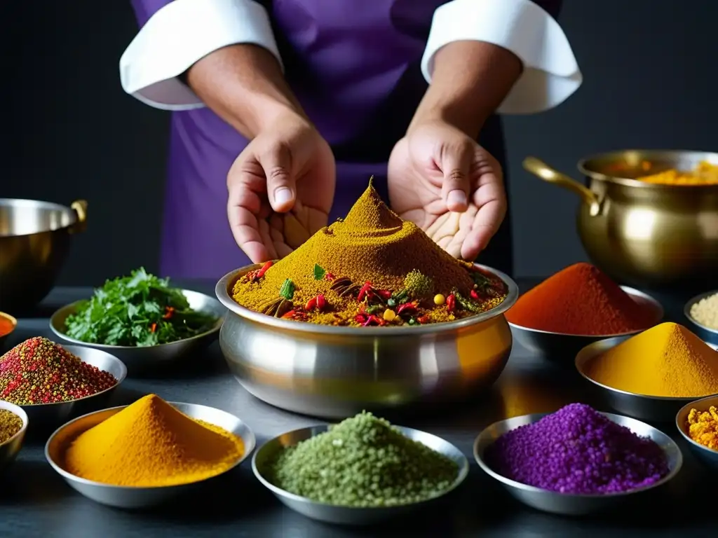 Un chef hábil mezcla con delicadeza especias coloridas en un guiso burbujeante, representando la cocina del sur de Asia influenciada por el Islam