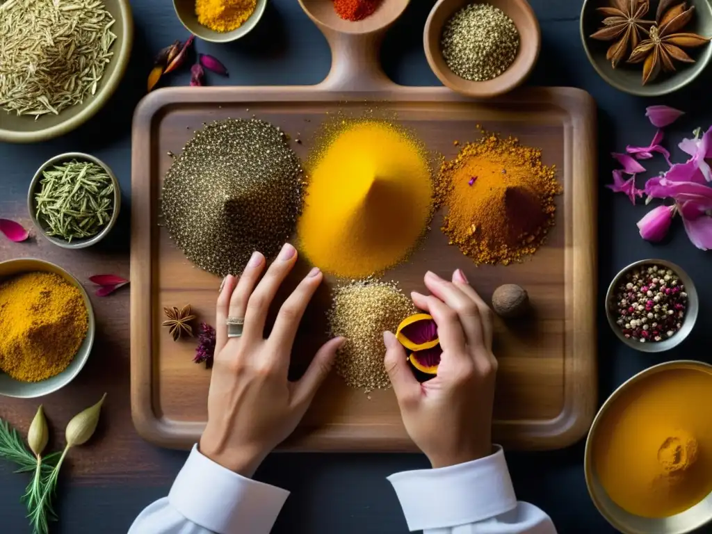 Un chef arregla con delicadeza especias tradicionales emiratíes en tabla de cortar de madera