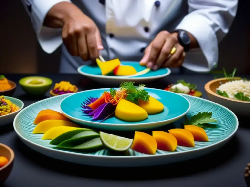 Un chef arregla con delicadeza ingredientes postcolombinos en un plato moderno, representando la fusión culinaria postcolombina documentada