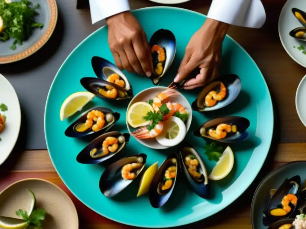 Un chef arregla con delicadeza mariscos frescos en un plato, resaltando la importancia cultural de la cocina de conquista