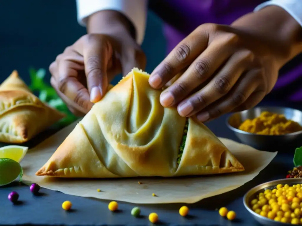 Un chef hábil dobla con delicadeza un samosa colorido, resaltando la precisión y arte de las recetas antiguas de minorías étnicas en Asia